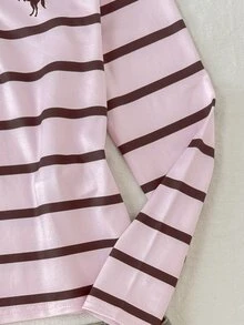 SHEIN Kids Girls Casual Pink & Brown Striped Logo Print Half-Button U-Neck Slim Fit Long Sleeve Versatile T-Shirt, Preppy Style Back To School - Pink - View 7