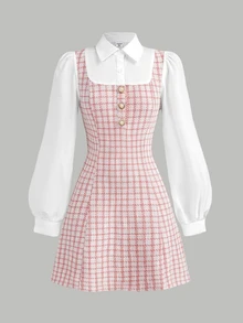 Girlism Teen Girl Teen Girls Dresses Autumn/Winter Elegant Commute School Style Collared Pink & White Color Block Button Long Sleeve Patchwork Dress, Back To School Season - Pink - View 8