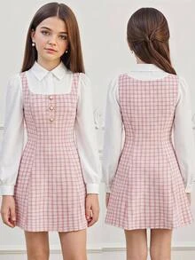 Girlism Teen Girl Teen Girls Dresses Autumn/Winter Elegant Commute School Style Collared Pink & White Color Block Button Long Sleeve Patchwork Dress, Back To School Season - Pink - View 7