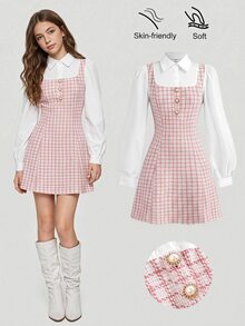 Girlism Teen Girl Teen Girls Dresses Autumn/Winter Elegant Commute School Style Collared Pink & White Color Block Button Long Sleeve Patchwork Dress, Back To School Season - Pink - View 1