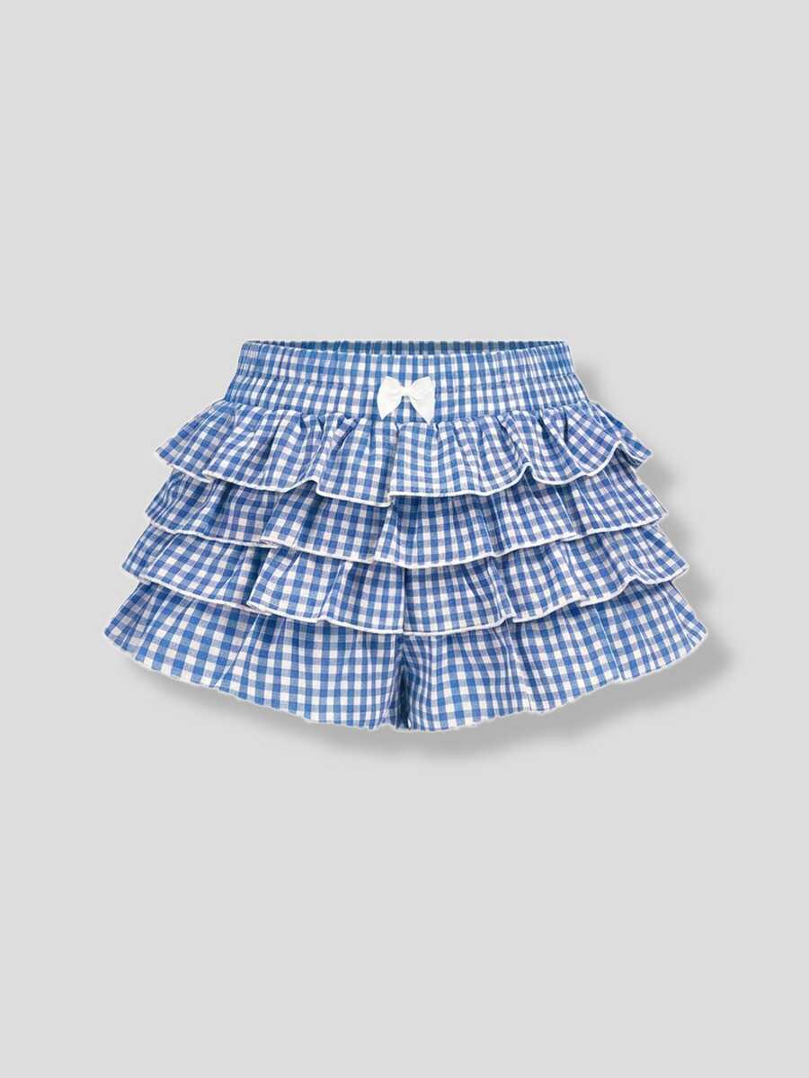 Young Girls Bow Decor Plaid Layered Ruffle Skirt Shorts Skorts For Girl Shorts For Girls Skirts Short Gingham Shorts Ruffle Shorts - Blue - View 1