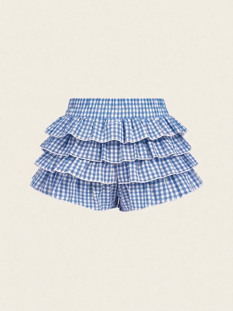 Maija Kids Maija Kids Young Girls Bow Decor Plaid Layered Ruffle Skirt Shorts Skorts For Girl Shorts For Girls Skirts Short Gingham Shorts Ruffle Shorts - Blue - View 4