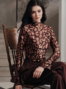 Anewsta Women's Vintage Leopard Print Burnout Sheer Top - Coffee Brown - View 2