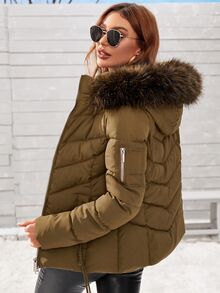 Anewsta Essential Women's Plush Patchwork Casual Daily Winter Padded Coat - Olive Green - View 1