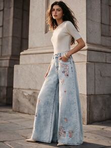 Anewsta Celana Jeans Biru Model Baru Wanita dengan Bordir Tebal dan Potongan Lebar - Biru - View 4