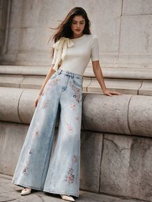 Anewsta Celana Jeans Biru Model Baru Wanita dengan Bordir Tebal dan Potongan Lebar - Biru - View 5