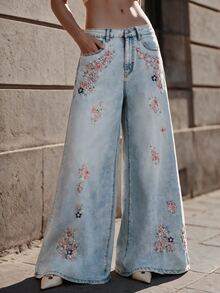 Anewsta Celana Jeans Biru Model Baru Wanita dengan Bordir Tebal dan Potongan Lebar - Biru - View 2