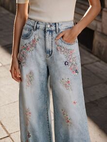 Anewsta Celana Jeans Biru Model Baru Wanita dengan Bordir Tebal dan Potongan Lebar - Biru - View 3