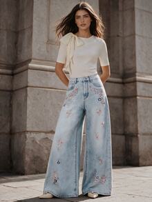 Anewsta Celana Jeans Biru Model Baru Wanita dengan Bordir Tebal dan Potongan Lebar - Biru - View 1