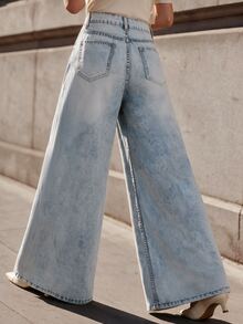 Anewsta Celana Jeans Biru Model Baru Wanita dengan Bordir Tebal dan Potongan Lebar - Biru - View 6