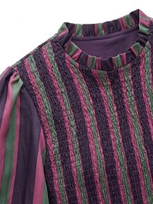 Nöista Striped, Retro-Style Fitted Top Ruffles, French Romance,Lively Comfortable For A Date, Striking Piece Elegant Wardrobe,Fall Winter,Casual , Cute - Purple - View 9