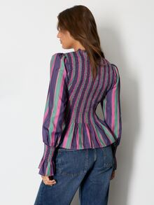 Nöista Striped, Retro-Style Fitted Top Ruffles, French Romance,Lively Comfortable For A Date, Striking Piece Elegant Wardrobe,Fall Winter,Casual , Cute - Purple - View 2