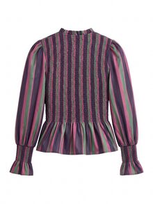 Nöista Striped, Retro-Style Fitted Top Ruffles, French Romance,Lively Comfortable For A Date, Striking Piece Elegant Wardrobe,Fall Winter,Casual , Cute - Purple - View 8