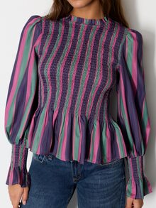 Nöista Striped, Retro-Style Fitted Top Ruffles, French Romance,Lively Comfortable For A Date, Striking Piece Elegant Wardrobe,Fall Winter,Casual , Cute - Purple - View 4