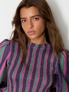Nöista Striped, Retro-Style Fitted Top Ruffles, French Romance,Lively Comfortable For A Date, Striking Piece Elegant Wardrobe,Fall Winter,Casual , Cute - Purple - View 5