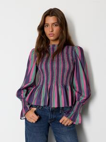 Nöista Striped, Retro-Style Fitted Top Ruffles, French Romance,Lively Comfortable For A Date, Striking Piece Elegant Wardrobe,Fall Winter,Casual , Cute - Purple - View 1