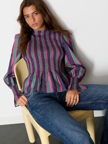 Nöista Striped, Retro-Style Fitted Top Ruffles, French Romance,Lively Comfortable For A Date, Striking Piece Elegant Wardrobe,Fall Winter,Casual , Cute - Purple - View 3