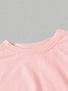 SHEIN MOD 女款黑白蕾絲拼接彈性圓領短袖修身T恤，辦公商務休閒，夏季，度假，外出，生日，鄉村風 - 淺粉色 - 查看 5