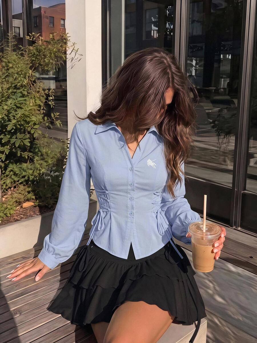 SHEIN MOD 女款優雅法式浪漫燈籠袖繫腰淺藍色襯衫,適合早午餐、約會之夜、秋季茶會 - 藍色 - 查看 1