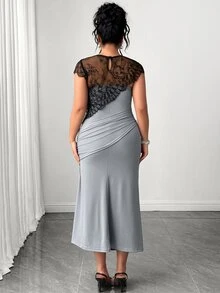 Elenzga Đầm tiệc quyến rũ ôm sát phối ren patchwork màu tương phản cho nữ size lớn - Màu Xám nhạt - Xem 2