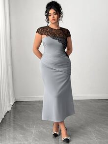 Elenzga Đầm tiệc quyến rũ ôm sát phối ren patchwork màu tương phản cho nữ size lớn - Màu Xám nhạt - Xem 6