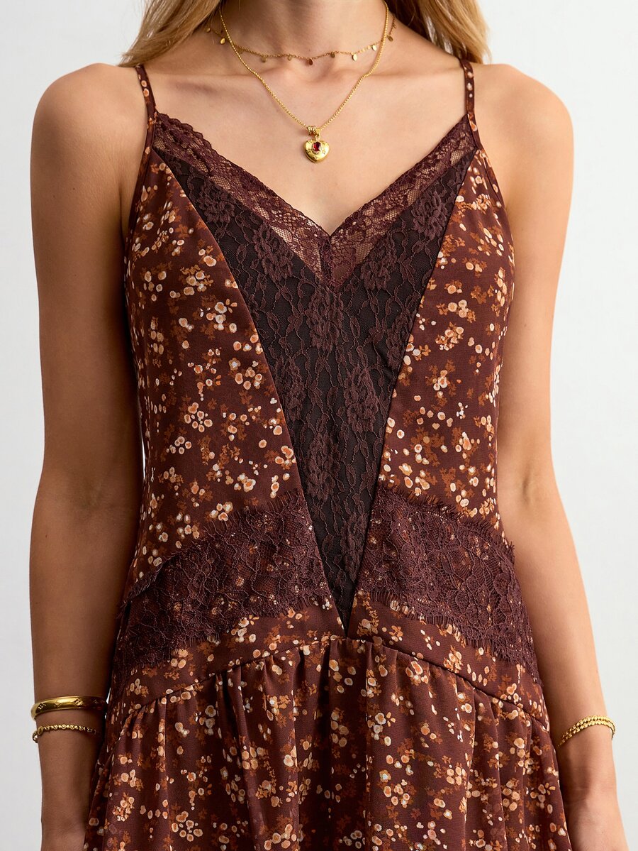 Willow Rêve Women's Lace Patchwork Brown Ditsy Floral Loose Mini Cami Dress - Brown - View 1