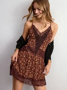 Willow Rêve Women's Lace Patchwork Brown Ditsy Floral Loose Mini Cami Dress - Brown - View 6