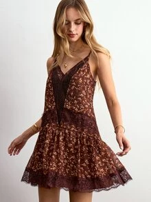 Willow Rêve Women's Lace Patchwork Brown Ditsy Floral Loose Mini Cami Dress - Brown - View 4