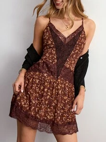 Willow Rêve Women's Lace Patchwork Brown Ditsy Floral Loose Mini Cami Dress - Brown - View 5
