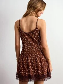 Willow Rêve Women's Lace Patchwork Brown Ditsy Floral Loose Mini Cami Dress - Brown - View 2