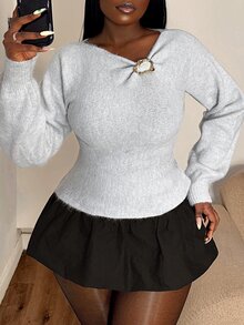Selianne Women's Asymmetric Collar Metal Decor Long Sleeve Fashion Sweater - Grey - View 3
