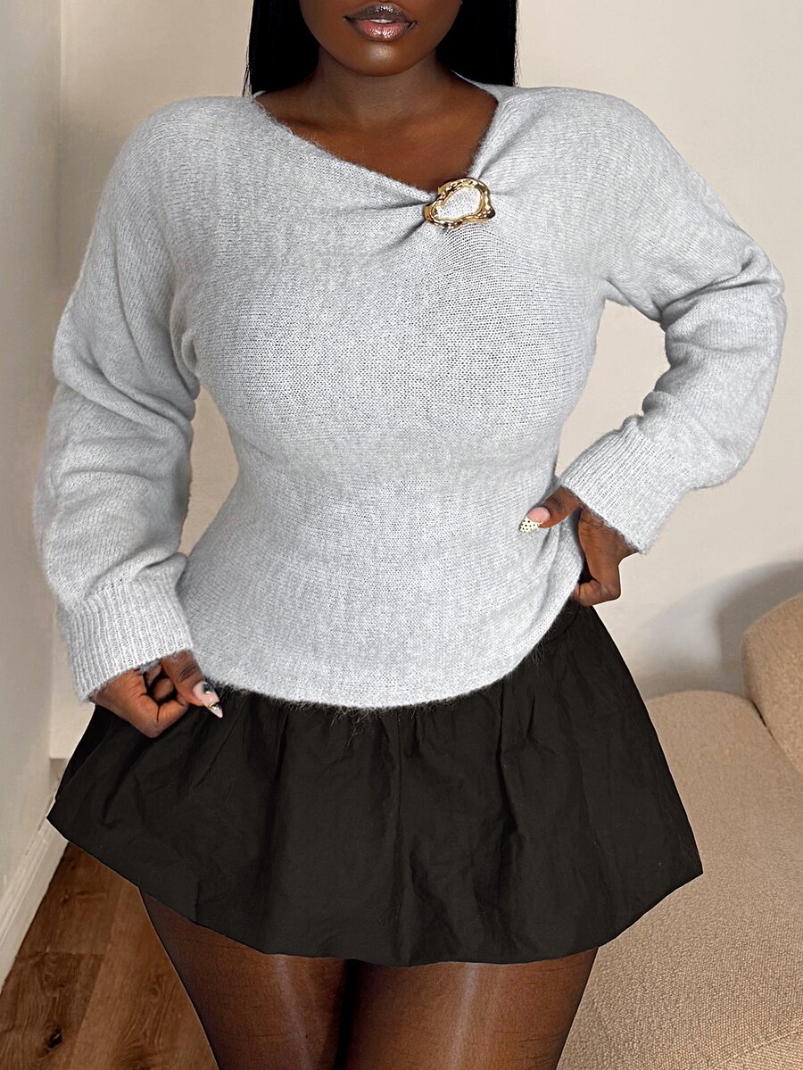 Selianne Women's Asymmetric Collar Metal Decor Long Sleeve Fashion Sweater - Grey - View 1