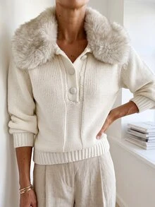 Sprig & Strand Autumn/Winter Vintage Fur Collar Patchwork Knit Sweater - Apricot - View 5