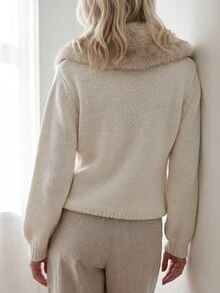 Sprig & Strand Autumn/Winter Vintage Fur Collar Patchwork Knit Sweater - Apricot - View 3
