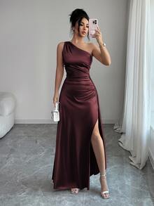 Elenzga Summer Clothes For Women Satin One Shoulder Maxi Dress Ruched Waist Slit Slim Evening Party Dinner Party Night Sexy Elegant - Red Violet - View 5