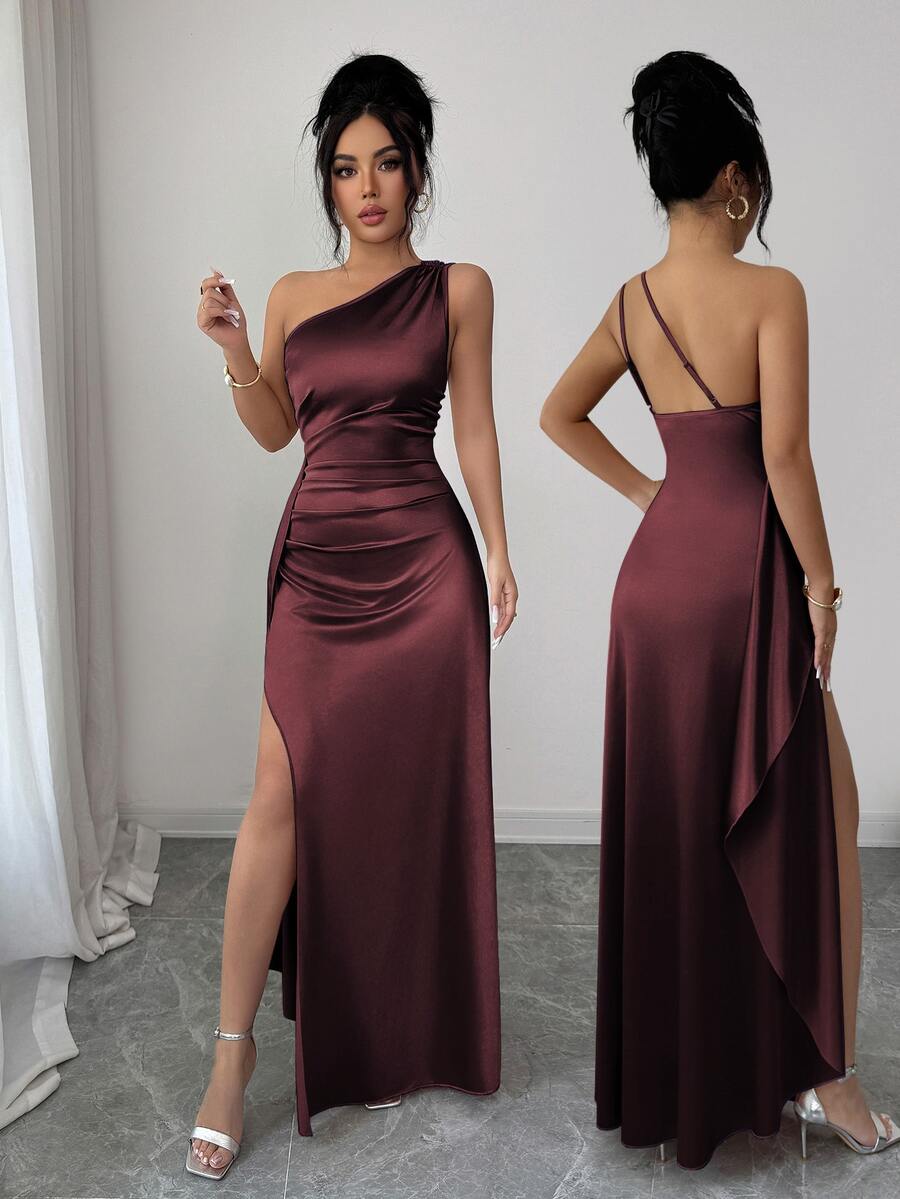 Elenzga Summer Clothes For Women Satin One Shoulder Maxi Dress Ruched Waist Slit Slim Evening Party Dinner Party Night Sexy Elegant - Red Violet - View 1