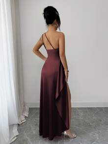 Elenzga Summer Clothes For Women Satin One Shoulder Maxi Dress Ruched Waist Slit Slim Evening Party Dinner Party Night Sexy Elegant - Red Violet - View 2