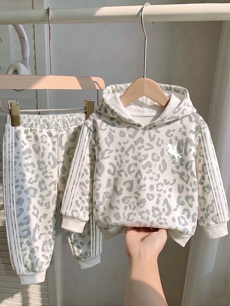 2pcs Baby Boys Leopard Print Hooded Fleece Long Sleeve Sweatshirt And Matching Printed Fleece Sweatpants Set, Suitable For Autumn/Winter - Multicolor - View 3