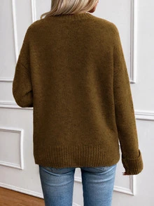SHEIN Women's Autumn Winter Caramel Brown Round Neck Knit Sweater, Elegant Minimalist Loose Long Sleeve Pullover With Turn-Up Cuffs For Daily Wear & Commute - Coffee Brown - View 2