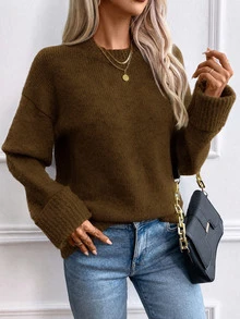 SHEIN Women's Autumn Winter Caramel Brown Round Neck Knit Sweater, Elegant Minimalist Loose Long Sleeve Pullover With Turn-Up Cuffs For Daily Wear & Commute - Coffee Brown - View 6