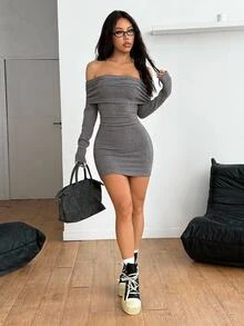 Coolane 女士秋冬街头风 Y2K 日常休闲罗纹针织弹力紧身露肩迷你连衣裙 - 灰色 - 查看 4