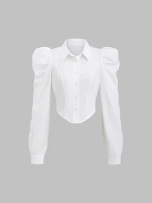 Sweetra Camisa de unicolor con ajuste entallado y mangas gigot, para mujer, primavera/verano, informal - Blanco - Ver 1