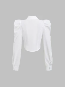 Sweetra Camisa de unicolor con ajuste entallado y mangas gigot, para mujer, primavera/verano, informal - Blanco - Ver 2