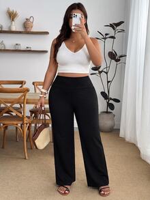 SHEIN PETITE CURVE بنطلون طويل فضفاض بساق واسعة وخصر عالي بلون موحد للنساء مقاس كبير للشتاء - الأسود - مشاهدة 4