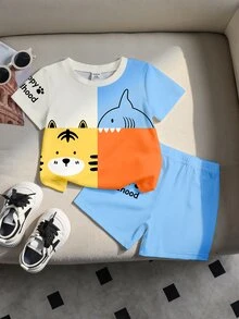 SHEIN 男婴可爱卡通动物拼接撞色圆领T恤和印花短裤套装，适合夏季穿着 - 彩色 - 查看 5