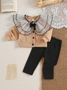 SHEIN 2件組幼女開襟衫長褲套裝 甜美米色黑色圓點網紗荷葉邊蝴蝶結 長袖圓領 生日派對秋季假期公主風羅紋 - 卡其色 - 查看 4