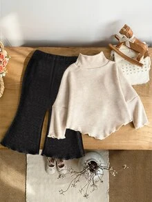 SHEIN 2pcs Toddler Girl Ribbed Top Flare Pants Sweet Elegant Beige 3D Mesh Bows Ruffle Long Sleeve Mock Neck Regular Birthday Fall Holiday Ballet Outfits - Black - View 2