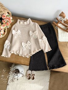 SHEIN 2pcs Toddler Girl Ribbed Top Flare Pants Sweet Elegant Beige 3D Mesh Bows Ruffle Long Sleeve Mock Neck Regular Birthday Fall Holiday Ballet Outfits - Black - View 1