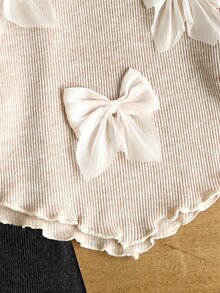 SHEIN 2pcs Toddler Girl Ribbed Top Flare Pants Sweet Elegant Beige 3D Mesh Bows Ruffle Long Sleeve Mock Neck Regular Birthday Fall Holiday Ballet Outfits - Black - View 7