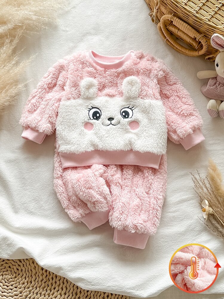 SHEIN 2pcs Newborn Baby Girls Sweatshirt Pants Set Cute Pink White Fuzzy Bunny Embroidered Bow Long Sleeve Round Neck Regular Birthday Fall Christmas Ribbed - Baby Pink - View 3